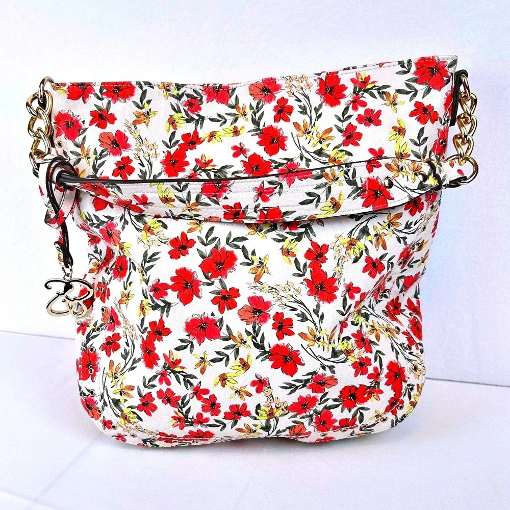 Jessica Simpson Floral Hobo Bag White Red Yellow Gold Chain Link Strap JS Charm